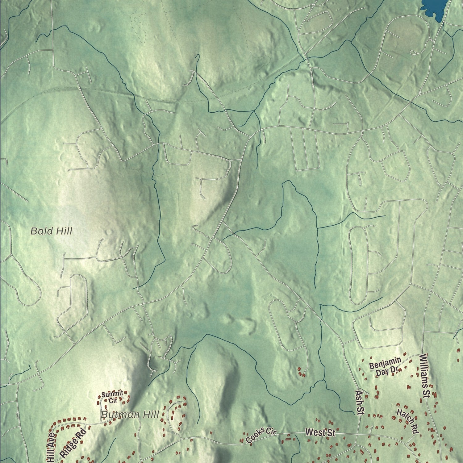 Terrain and local geography detail from the Wrentham, Massachusetts map