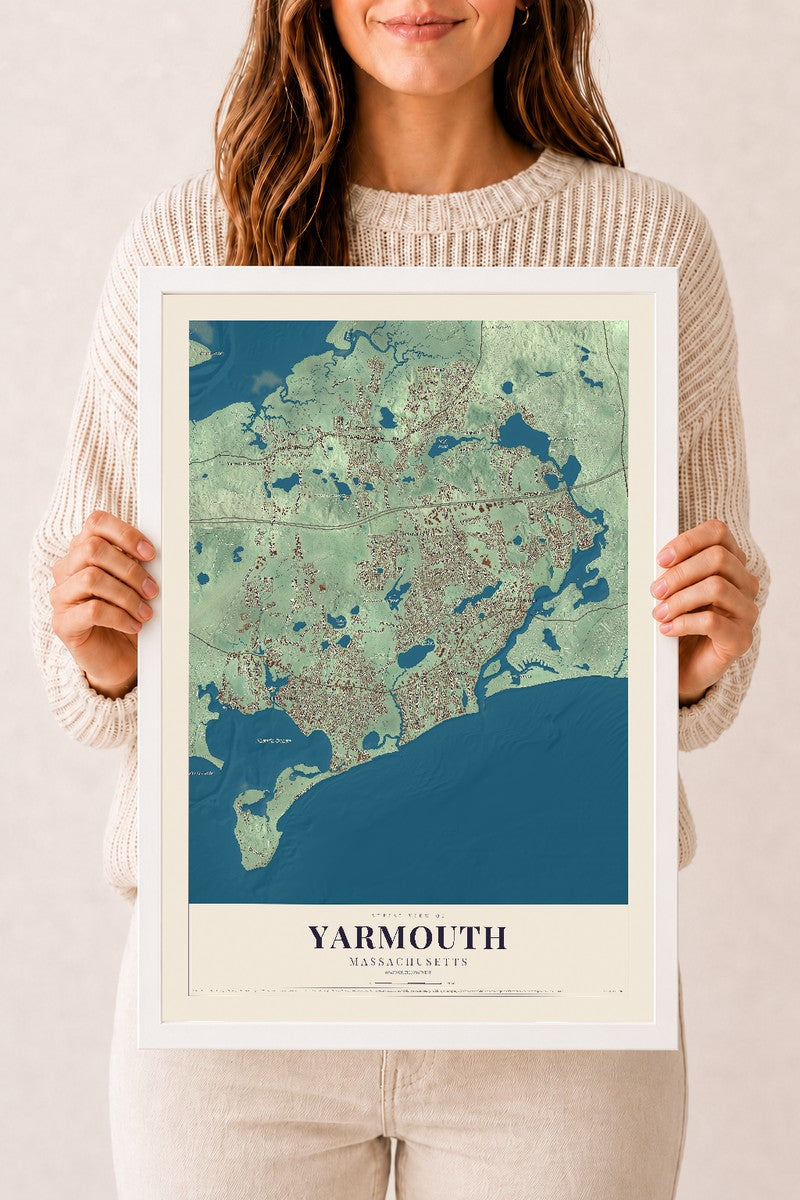 Yarmouth, Massachusetts map print - 12 x 18 white Ayous wood frame