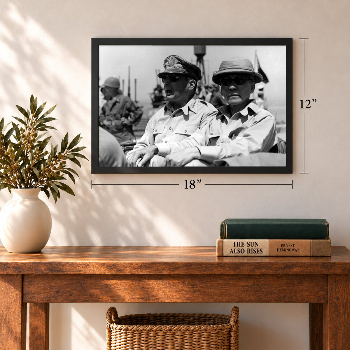 MacArthur and Osmeña Ride Into Tacloban, 1944, 12 x 18 inch vintage photo print in a black frame in an entryway