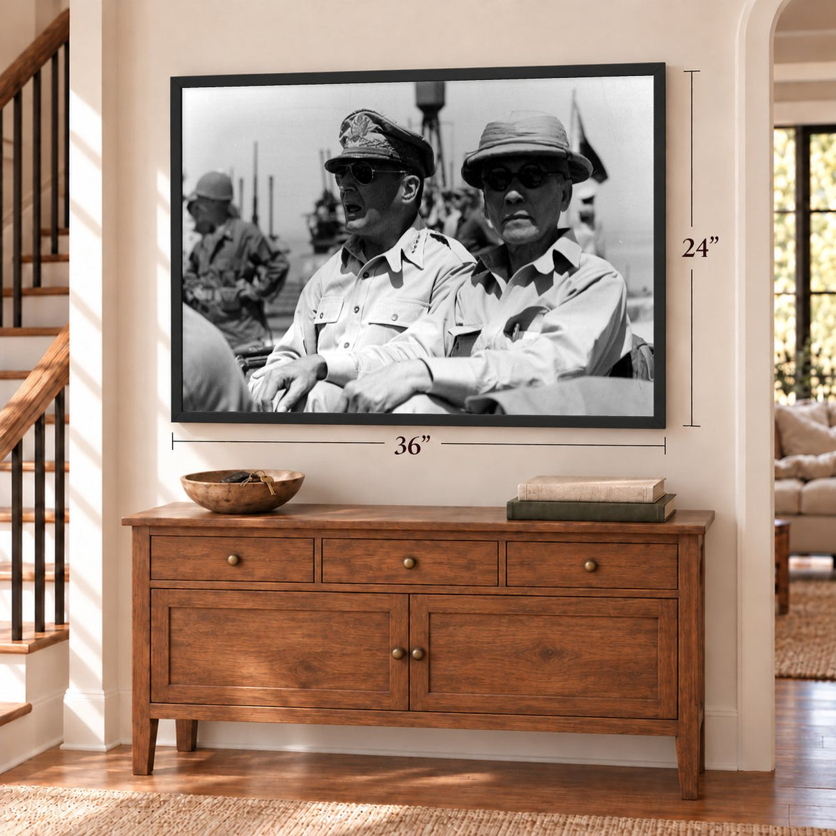 MacArthur and Osmeña Ride Into Tacloban, 1944, 24 x 36 inch vintage photo print in a black frame above a dresser by a staircase