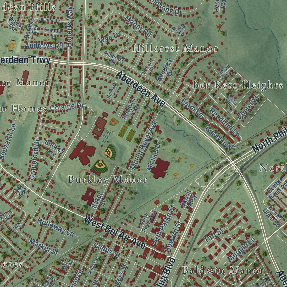 Close-up of the map of Aberdeen, Maryland print showing street and building detail