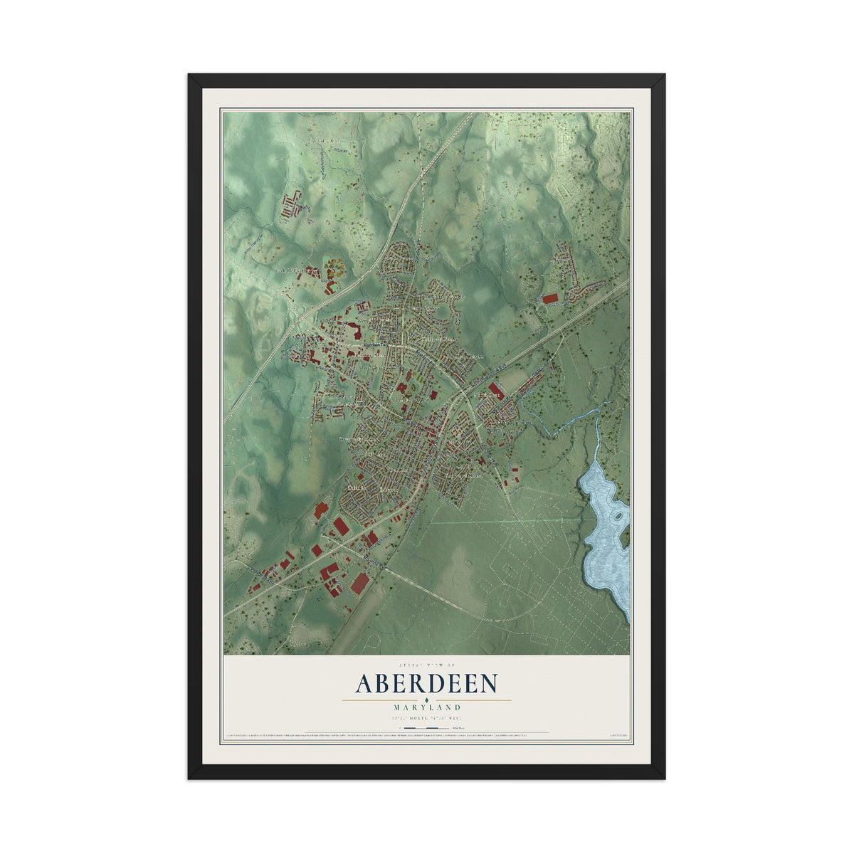 Map of Aberdeen, Maryland, 12 x 18 inch print in a black wood frame