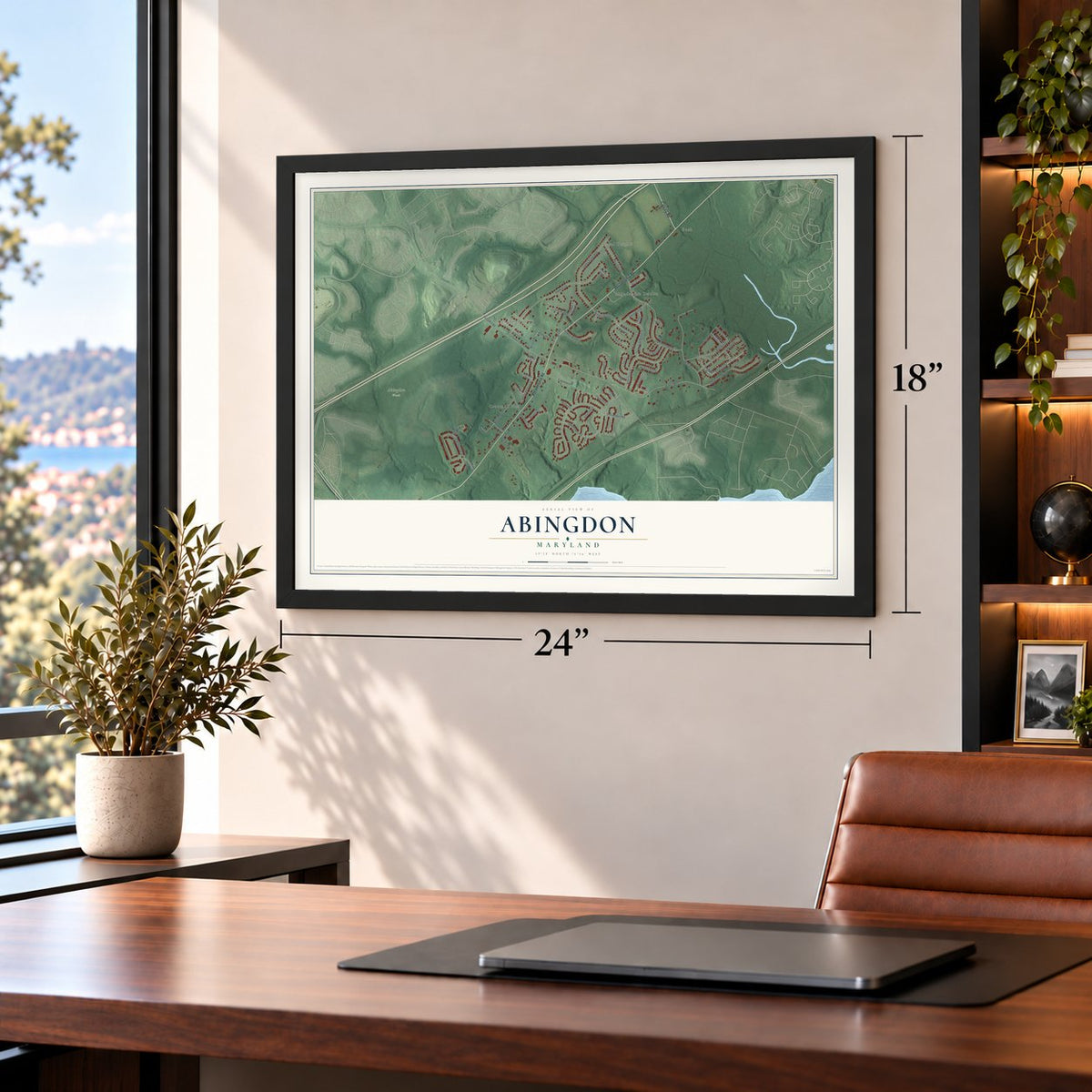 Abingdon, Maryland map, 18 x 24 inch print in a black frame in a home office