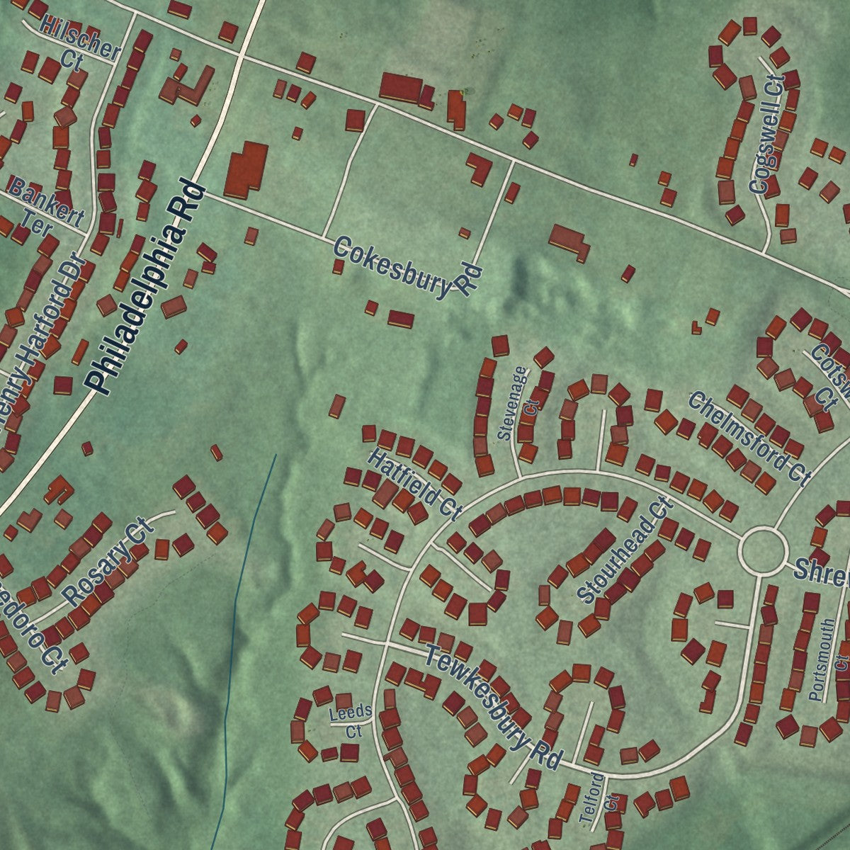 Close-up of the map of Abingdon, Maryland print showing street and building detail