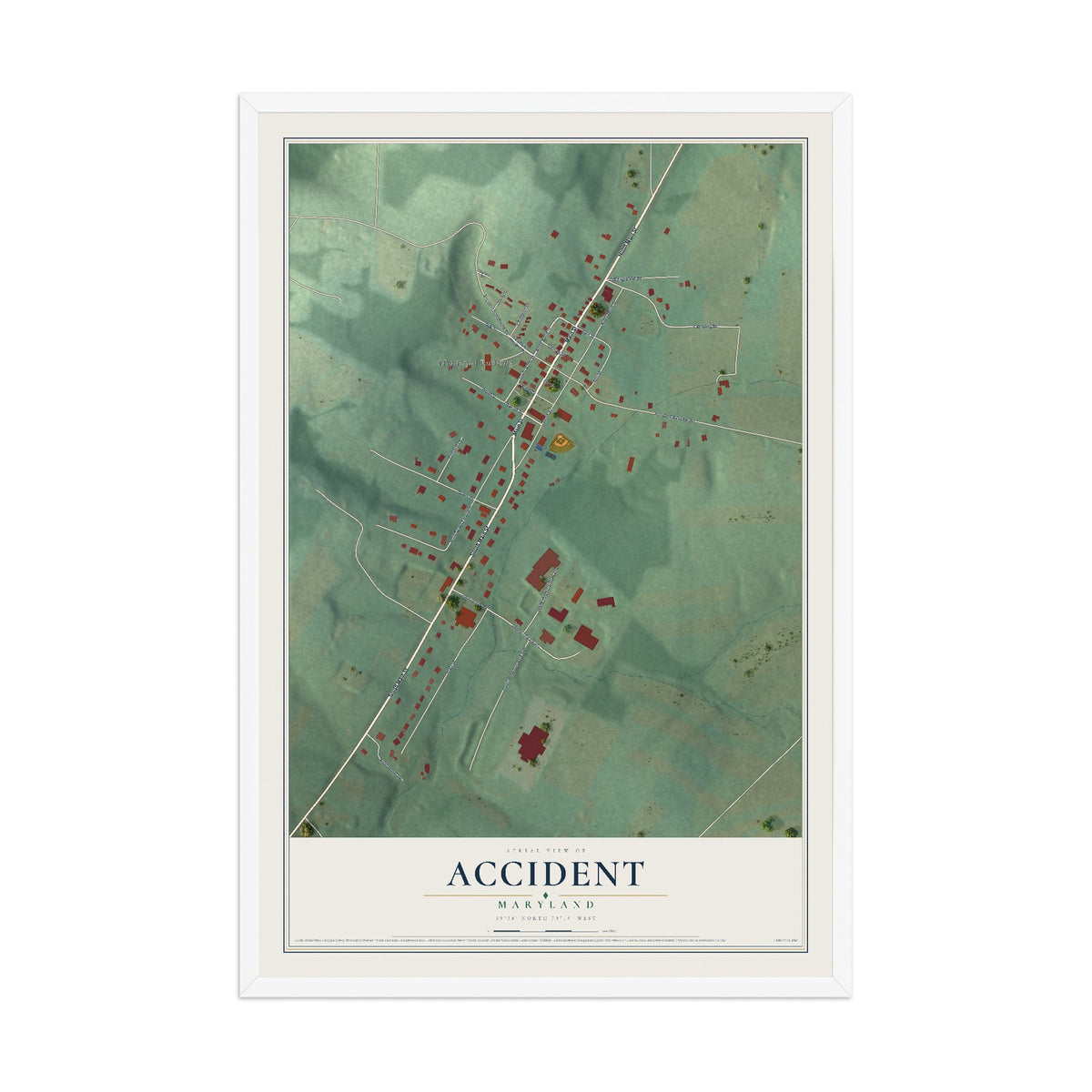 Map of Accident, Maryland, 12 x 18 inch print in a white wood frame