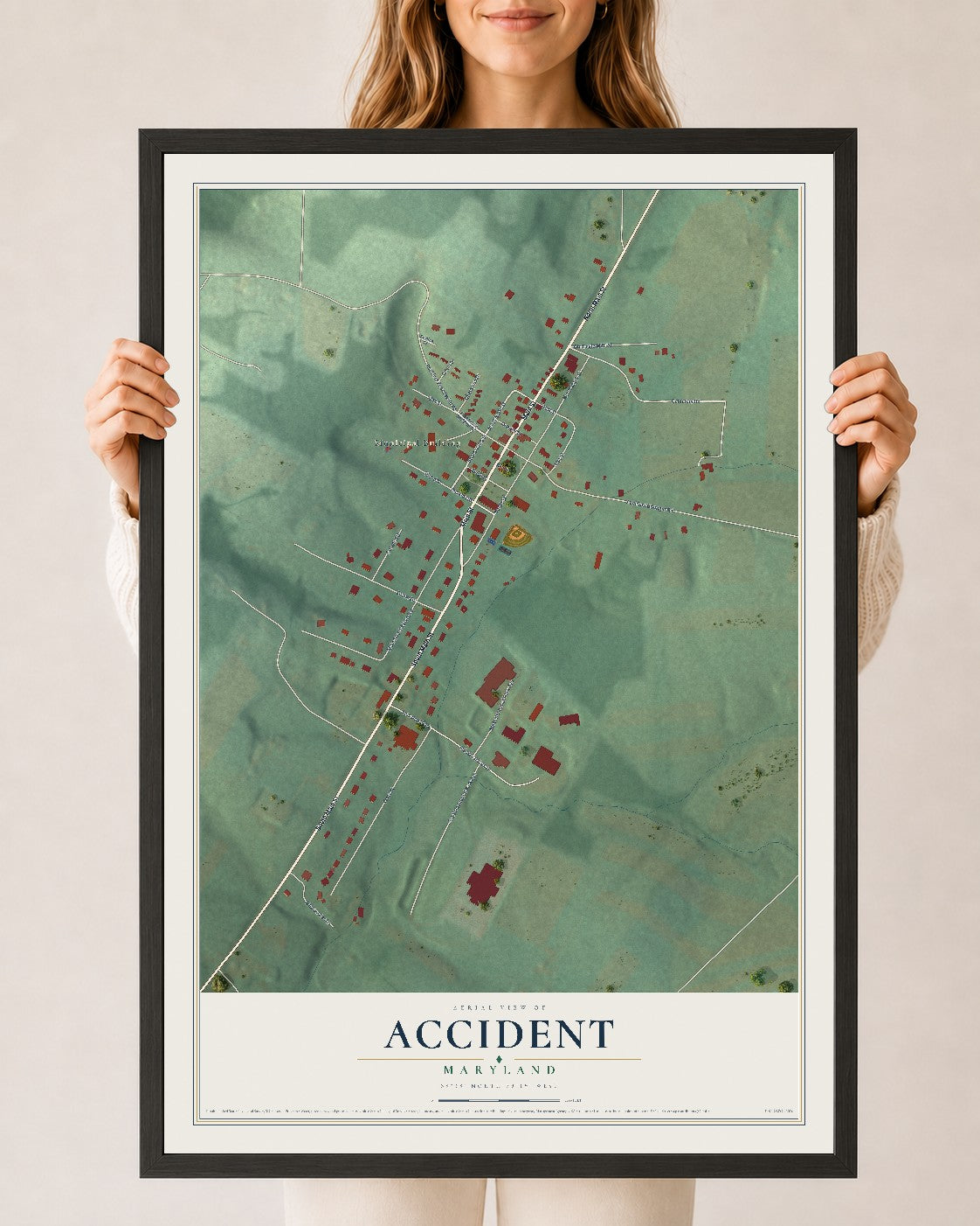 Map of Accident, Maryland, 24 x 36 inch print in a black wood frame