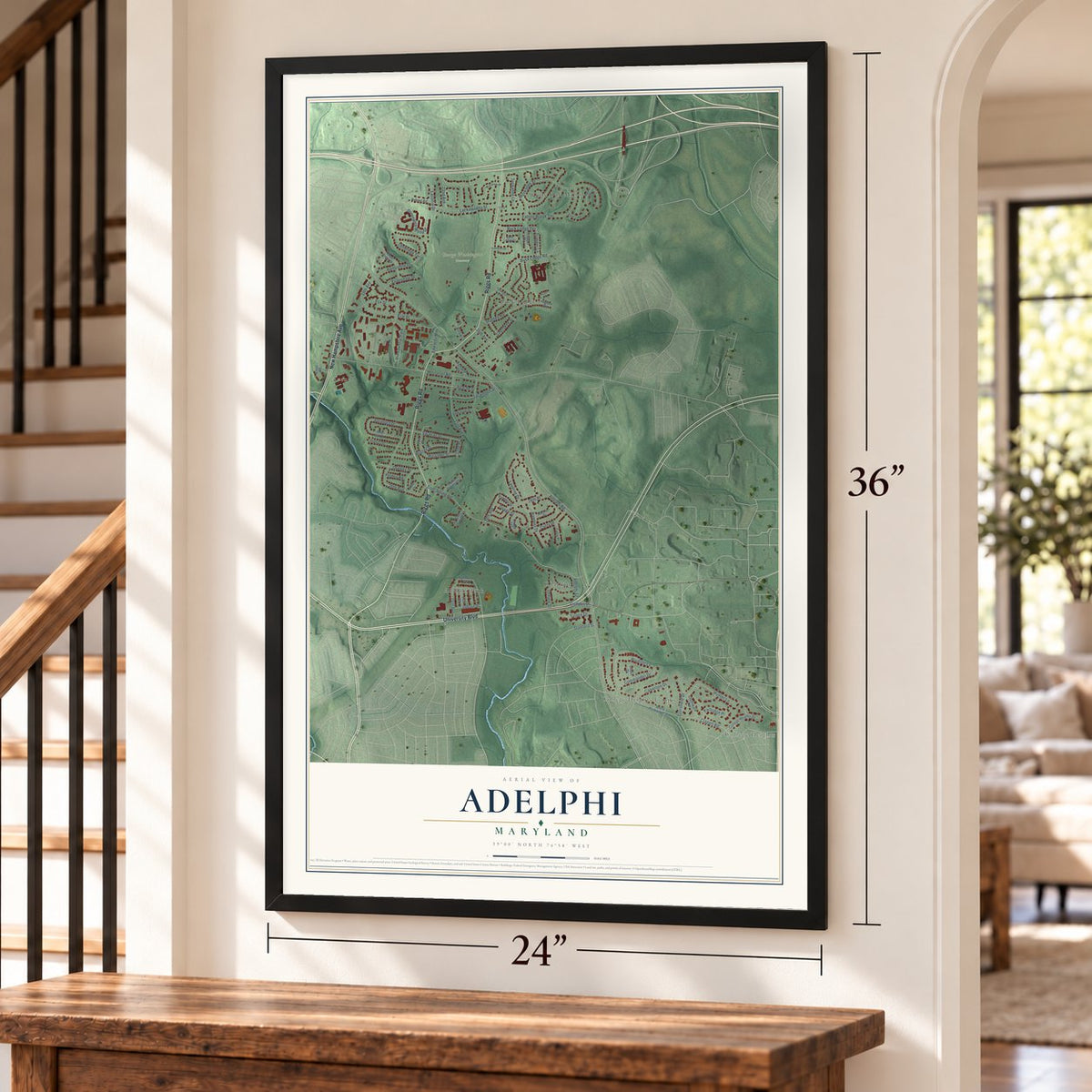 Adelphi, Maryland map, 24 x 36 inch print in a black frame by a staircase