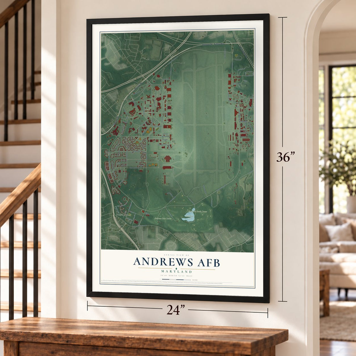 Andrews AFB, Maryland map, 24 x 36 inch print in a black frame by a staircase