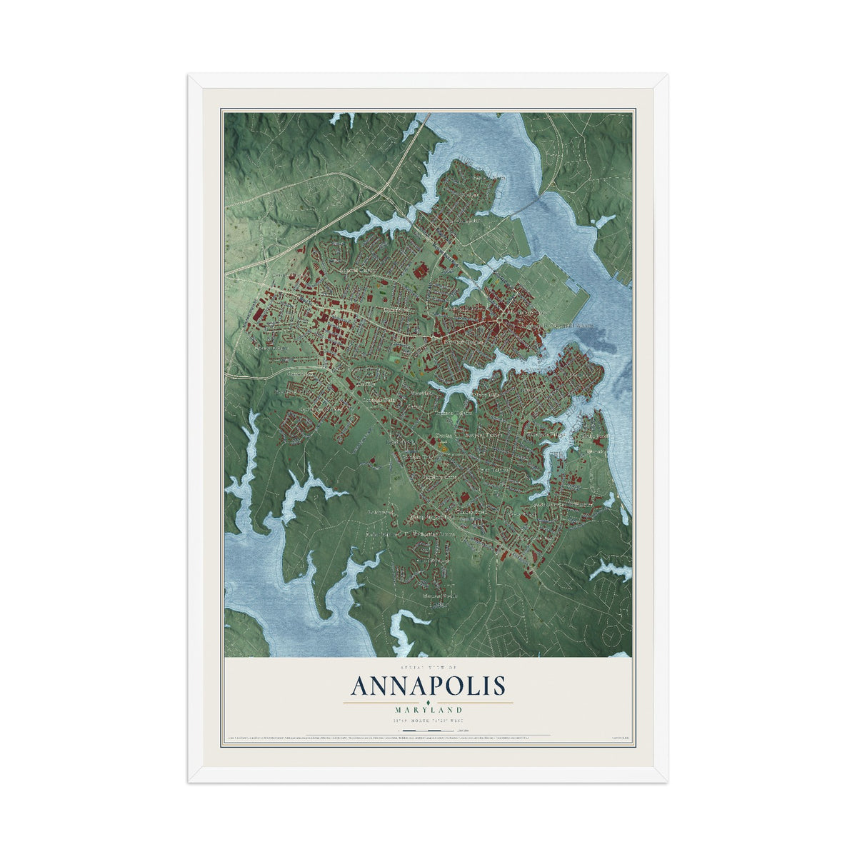 Map of Annapolis, Maryland, 12 x 18 inch print in a white wood frame