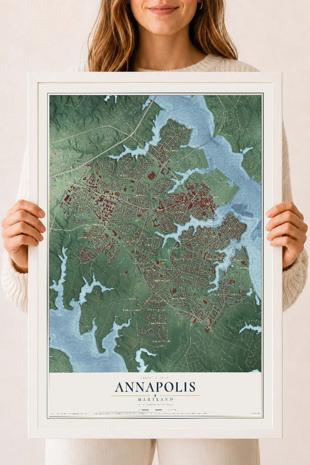 Map of Annapolis, Maryland, 18 x 24 inch print in a white wood frame