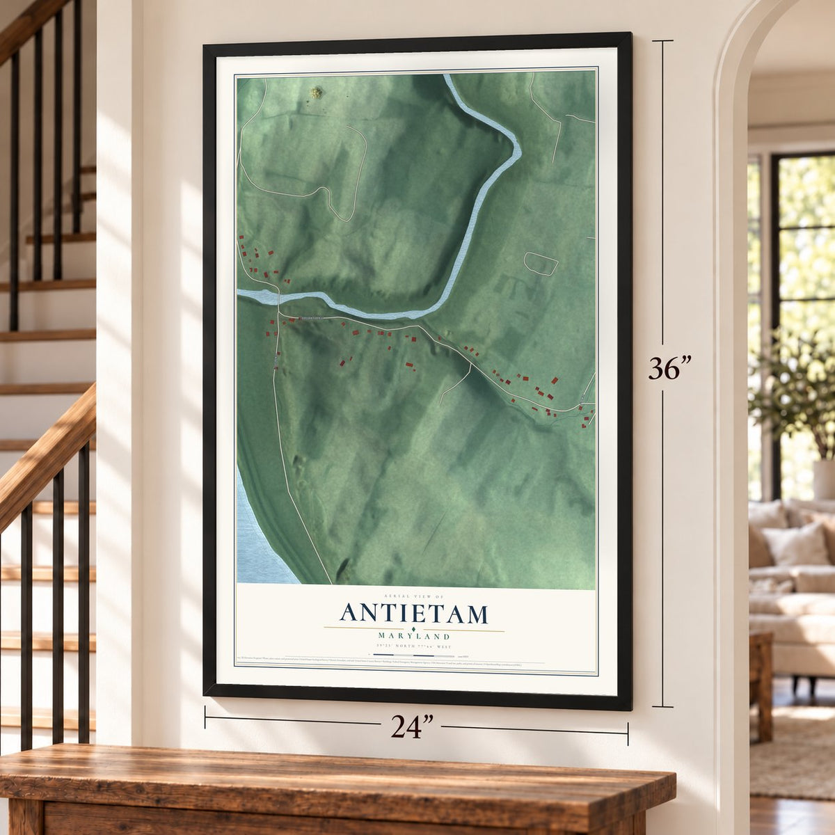 Antietam, Maryland map, 24 x 36 inch print in a black frame by a staircase