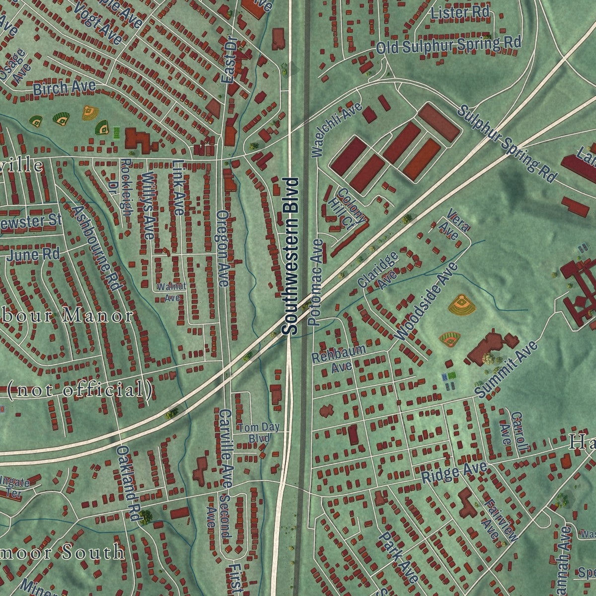 Close-up of the map of Arbutus, Maryland print showing street and building detail