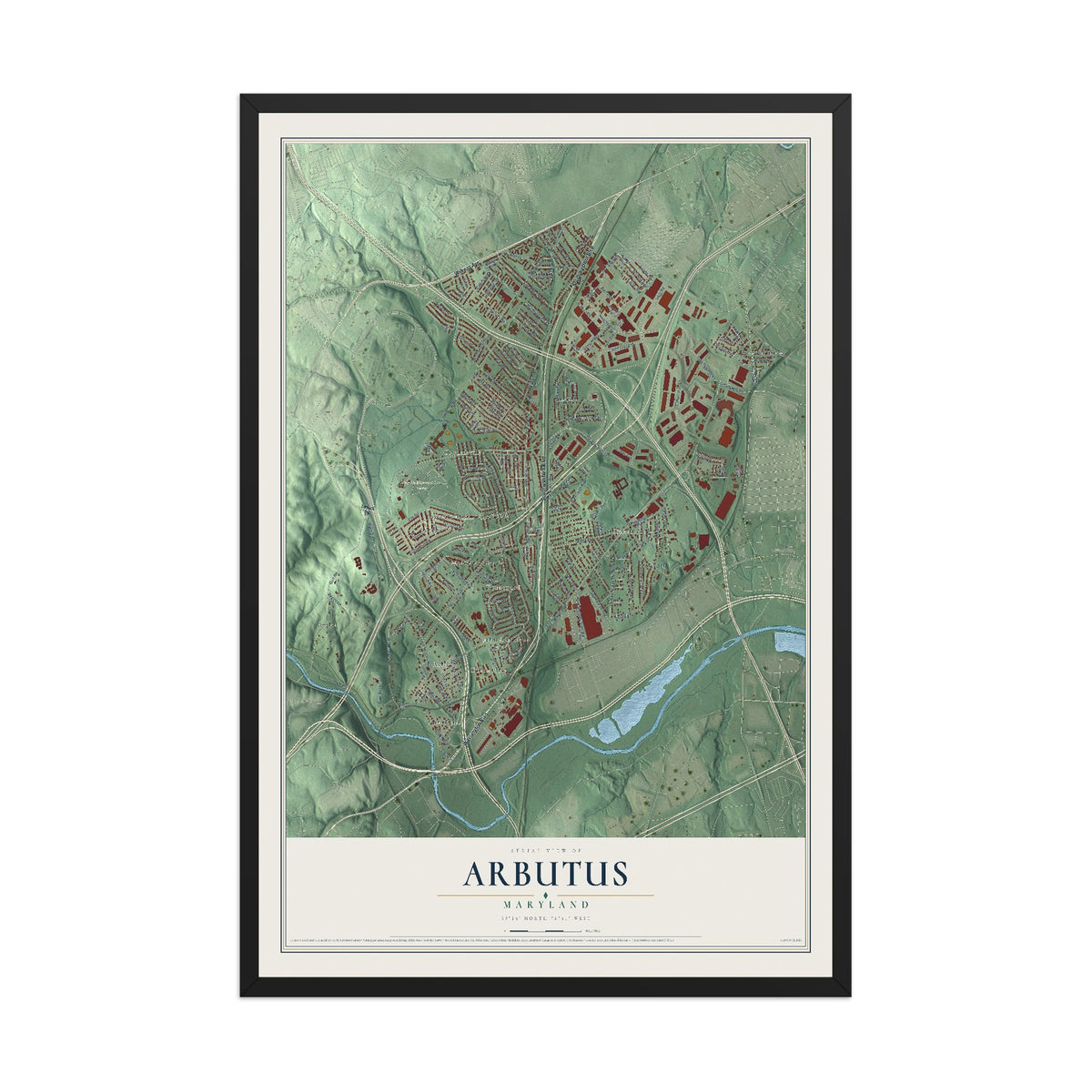 Map of Arbutus, Maryland, 12 x 18 inch print in a black wood frame