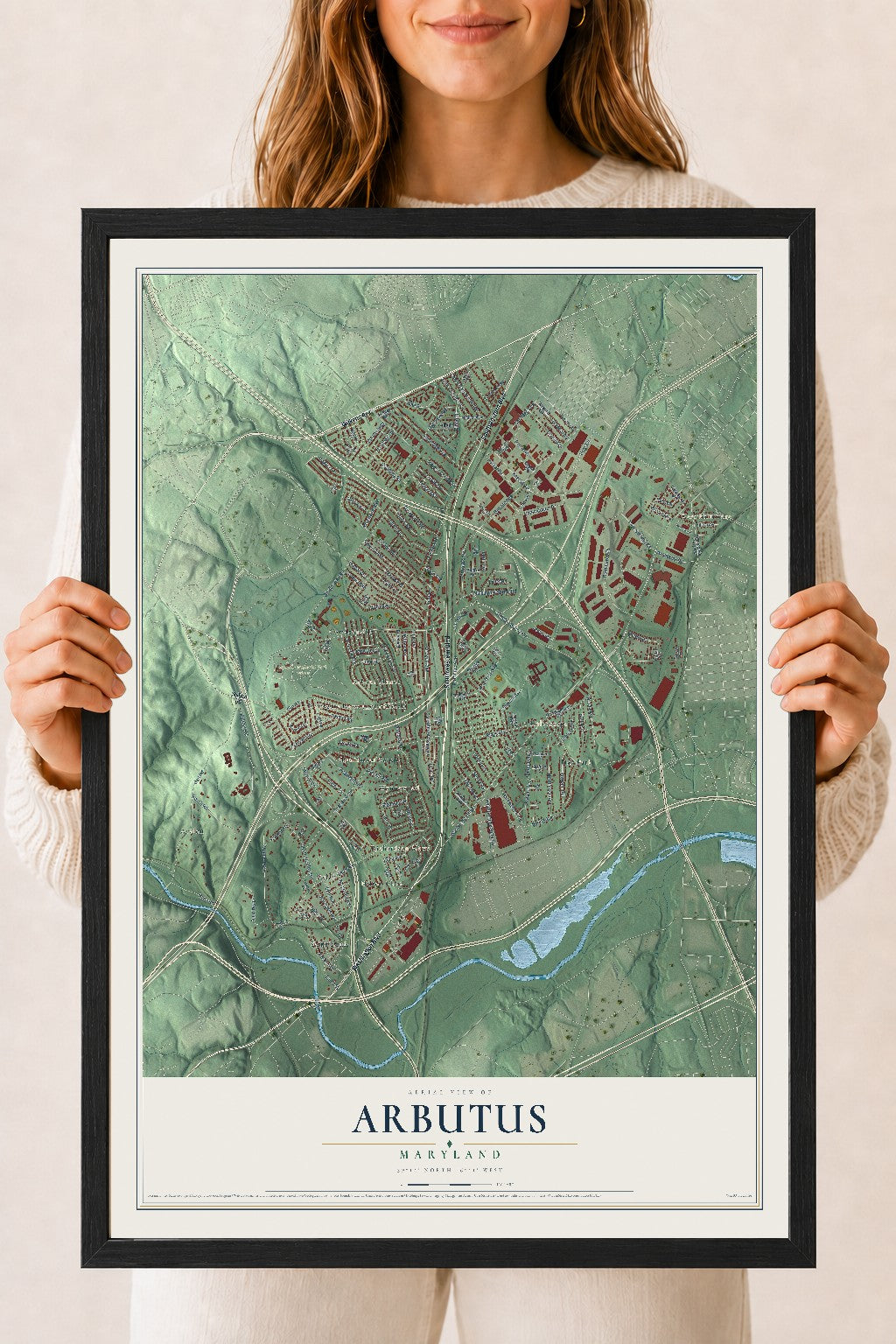 Map of Arbutus, Maryland, 18 x 24 inch print in a black wood frame
