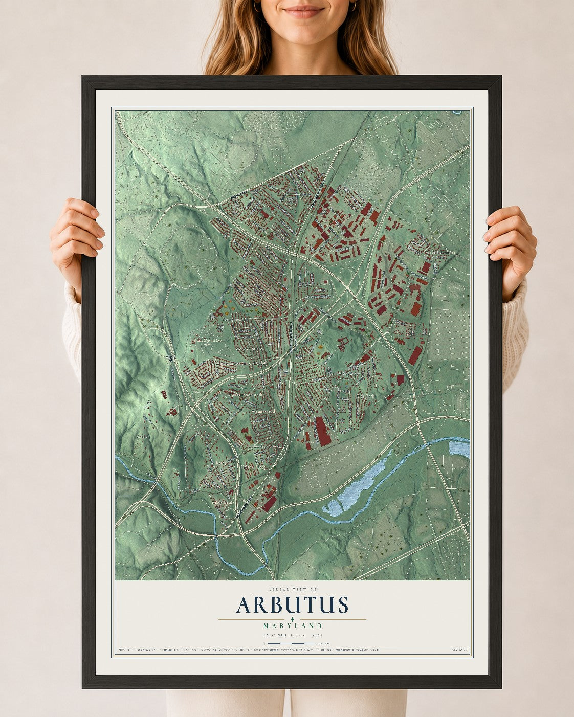 Map of Arbutus, Maryland, 24 x 36 inch print in a black wood frame