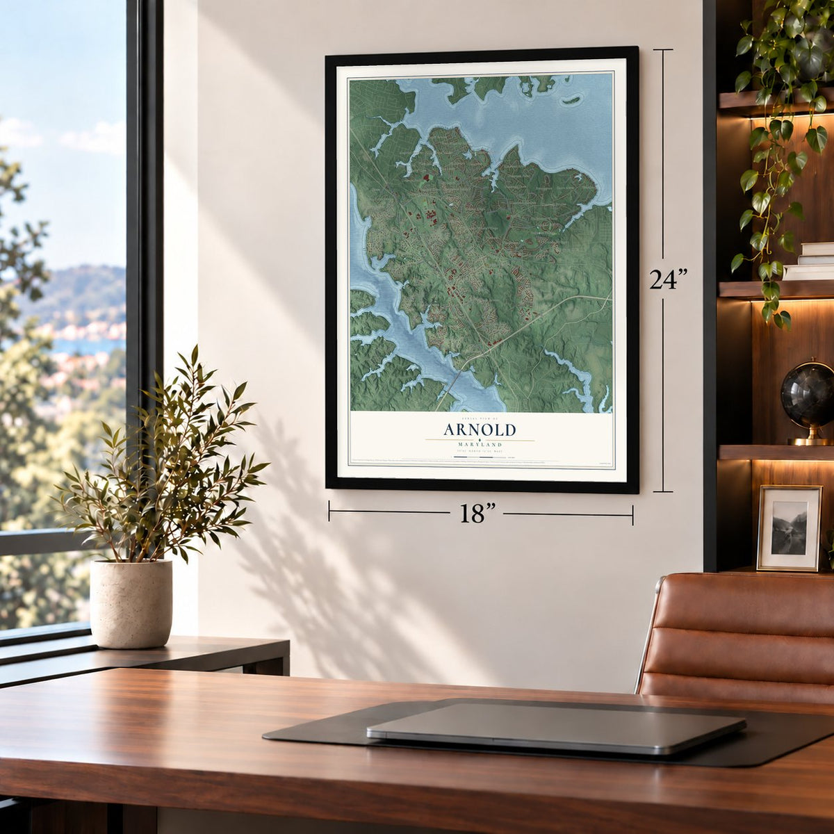 Arnold, Maryland map, 18 x 24 inch print in a black frame in a home office