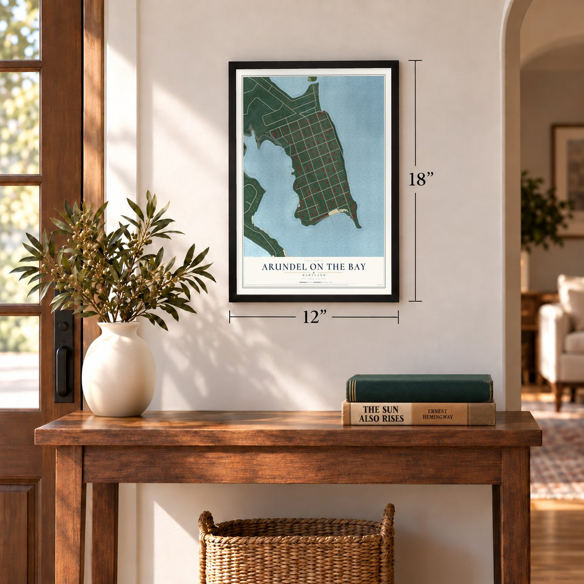 Arundel on the Bay, Maryland map, 12 x 18 inch print in a black frame in an entryway