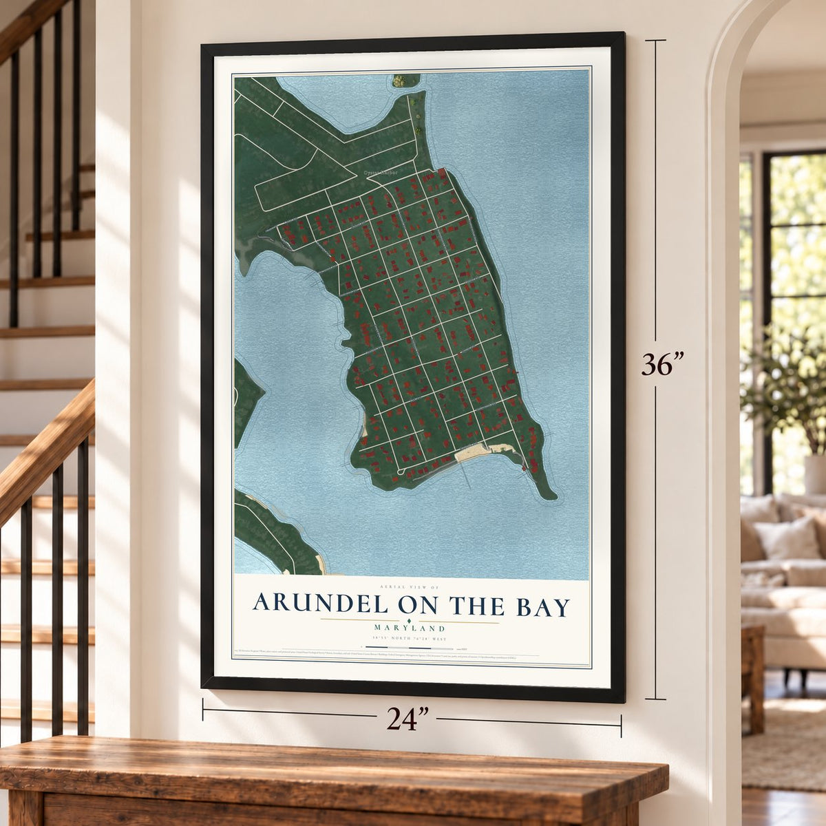 Arundel on the Bay, Maryland map, 24 x 36 inch print in a black frame by a staircase