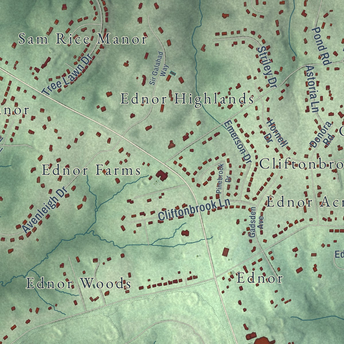 Close-up of the map of Ashton-Sandy Spring, Maryland print showing street and building detail