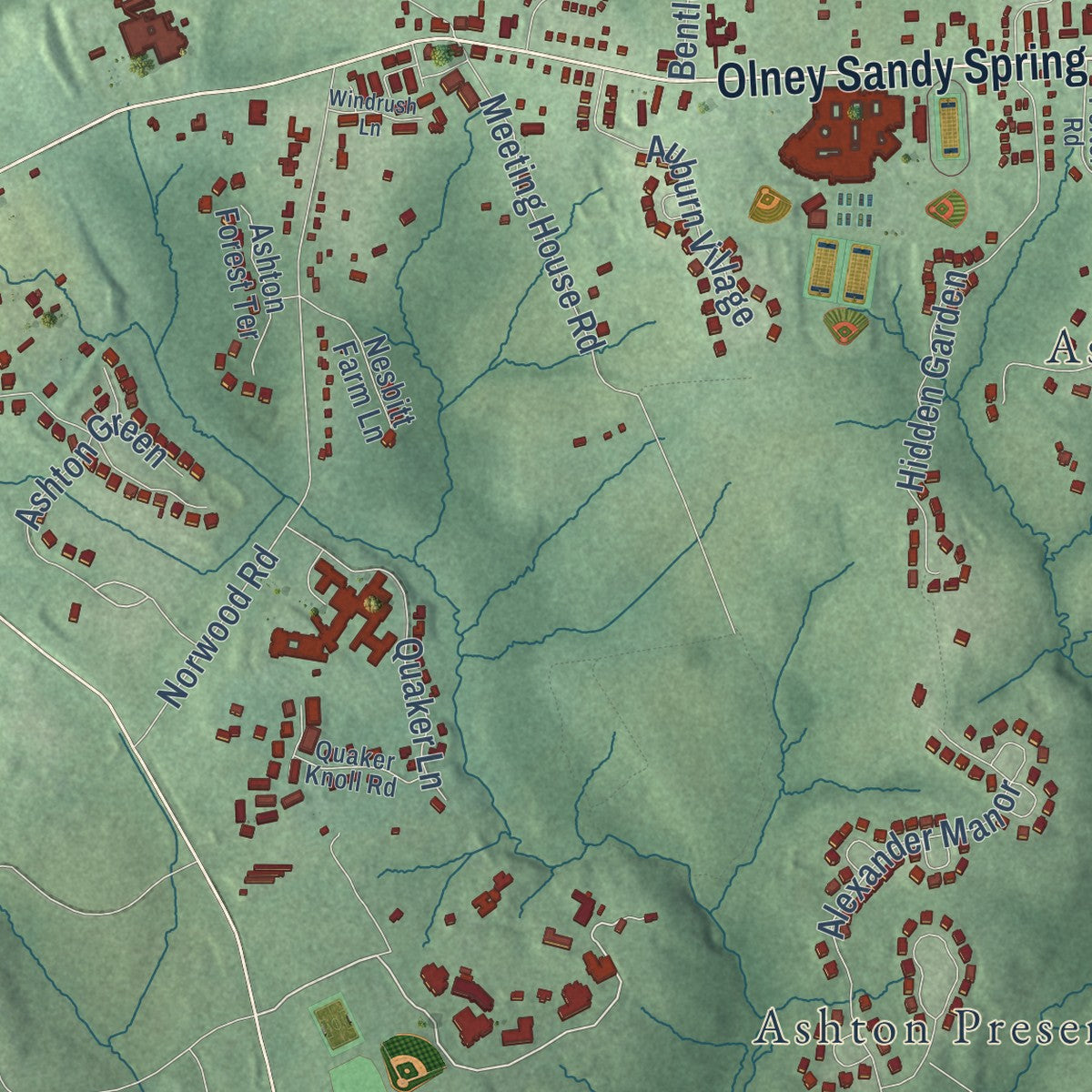 Second close-up of the map of Ashton-Sandy Spring, Maryland print showing more streets and buildings