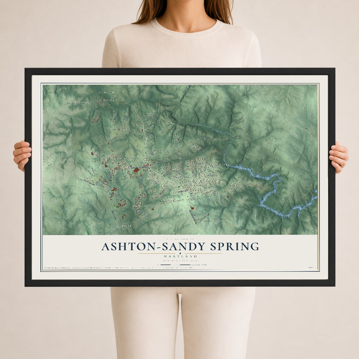 Map of Ashton-Sandy Spring, Maryland, 24 x 36 inch print in a black wood frame