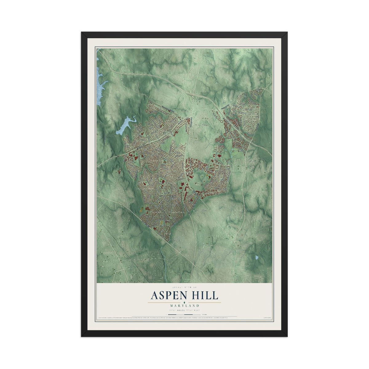 Map of Aspen Hill, Maryland, 12 x 18 inch print in a black wood frame