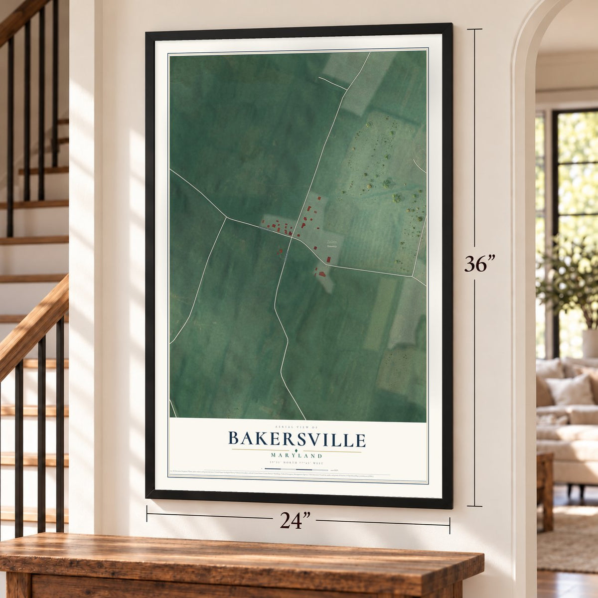 Bakersville, Maryland map, 24 x 36 inch print in a black frame by a staircase