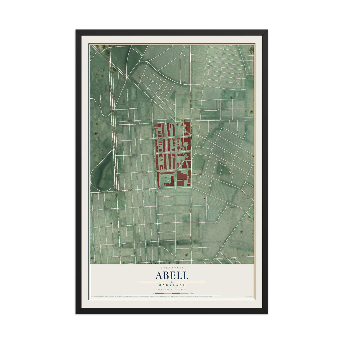Map of Abell, Maryland, 12 x 18 inch print in a black wood frame