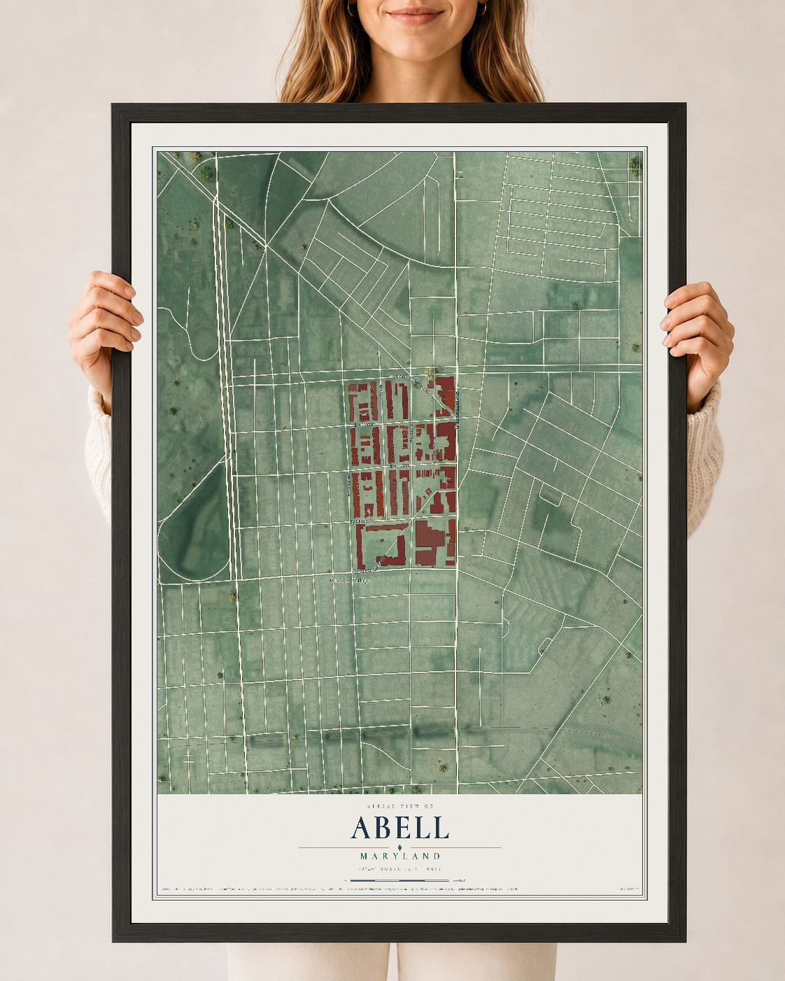 Map of Abell, Maryland, 24 x 36 inch print in a black wood frame