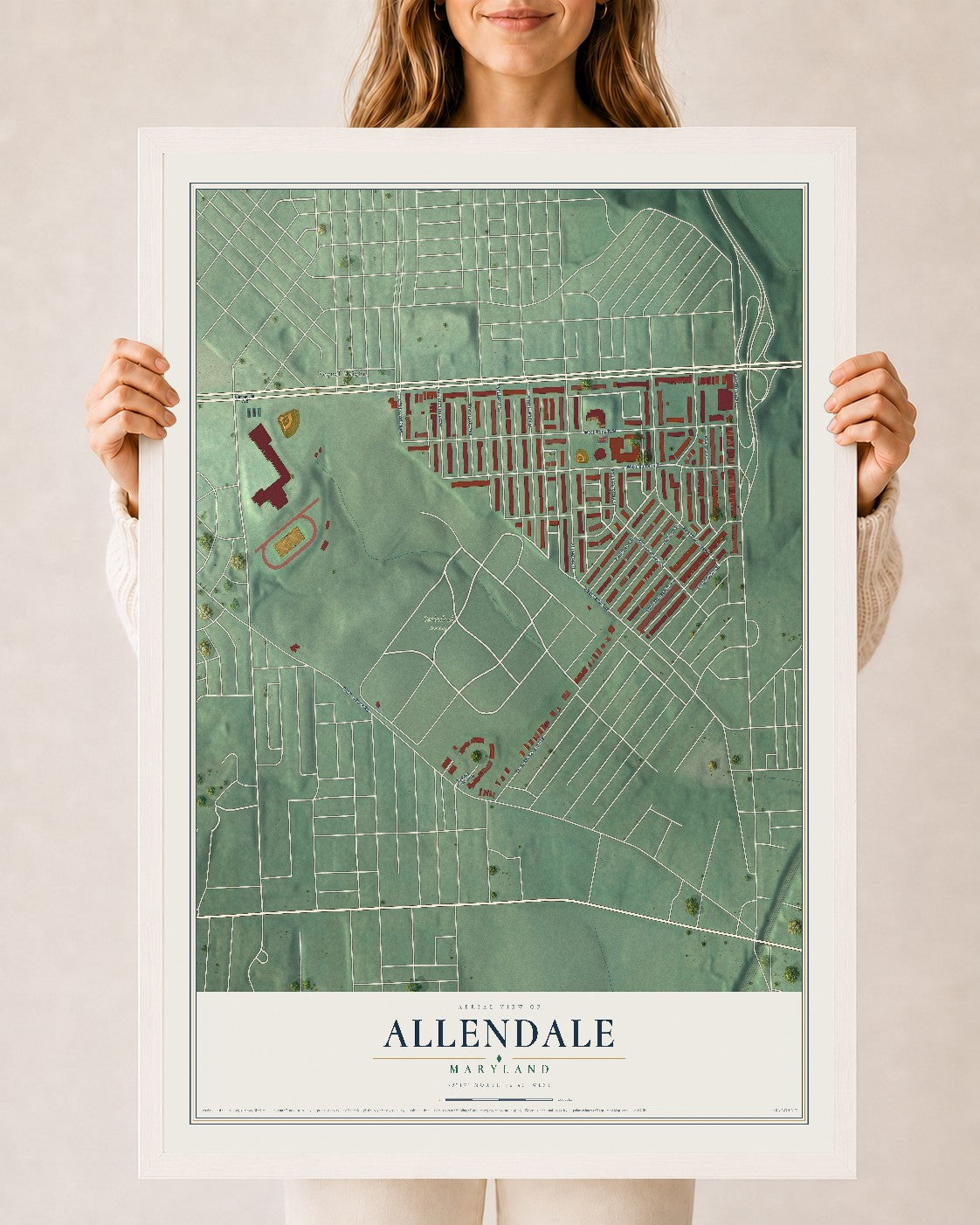 Map of Allendale, Maryland, 24 x 36 inch print in a white wood frame