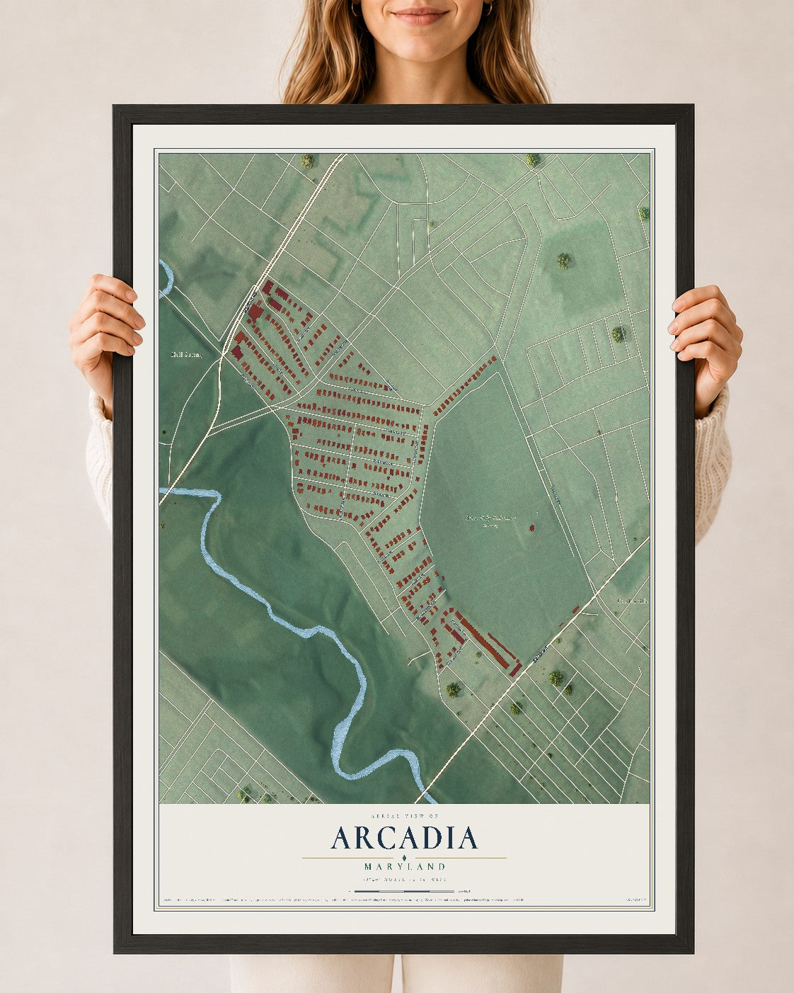 Map of Arcadia, Maryland, 24 x 36 inch print in a black wood frame