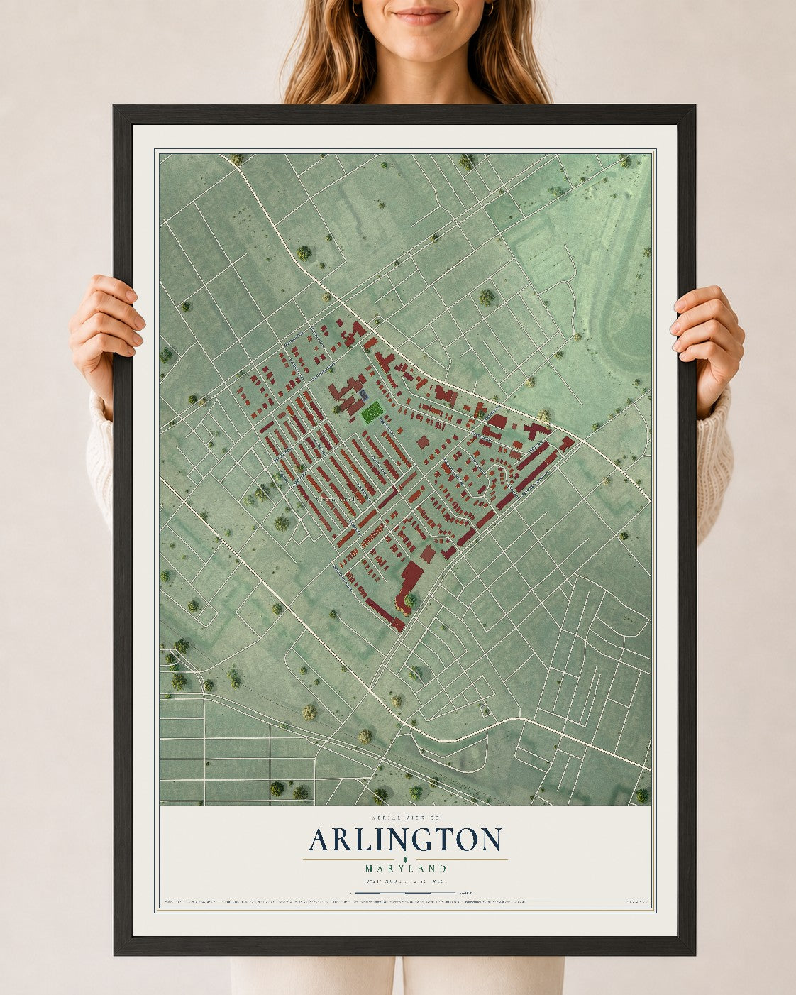 Map of Arlington, Maryland, 24 x 36 inch print in a black wood frame