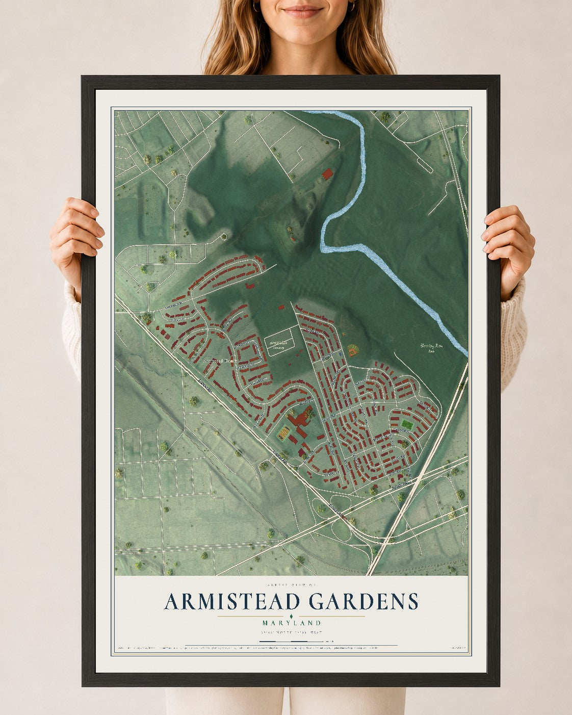 Map of Armistead Gardens, Maryland, 24 x 36 inch print in a black wood frame