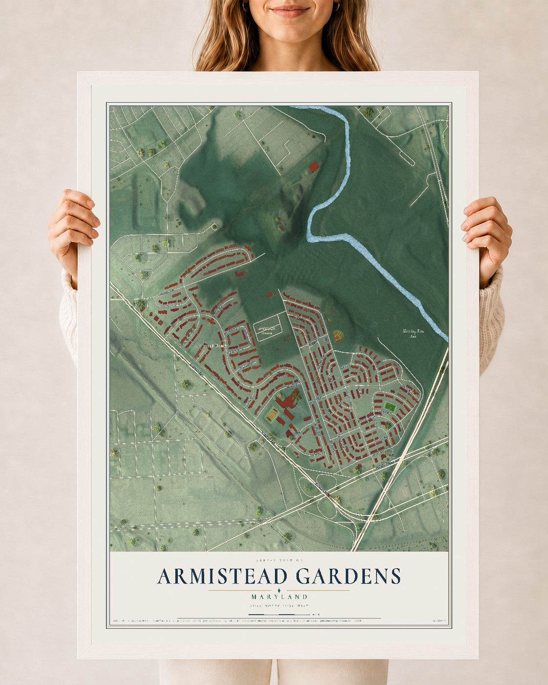 Map of Armistead Gardens, Maryland, 24 x 36 inch print in a white wood frame