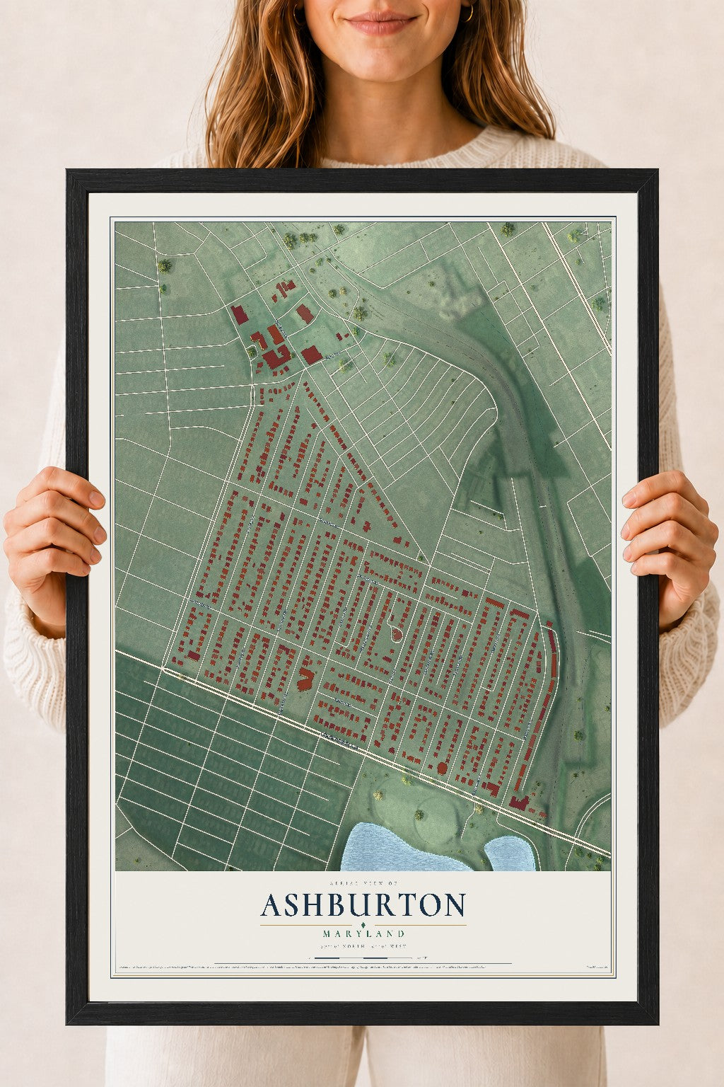Map of Ashburton, Maryland, 18 x 24 inch print in a black wood frame