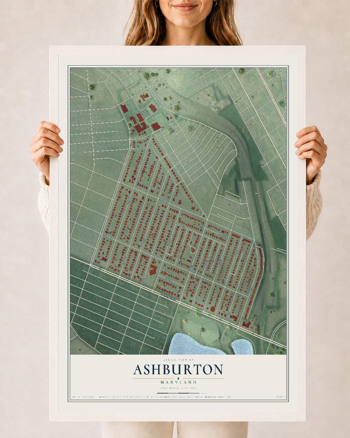 Map of Ashburton, Maryland, 24 x 36 inch print in a white wood frame