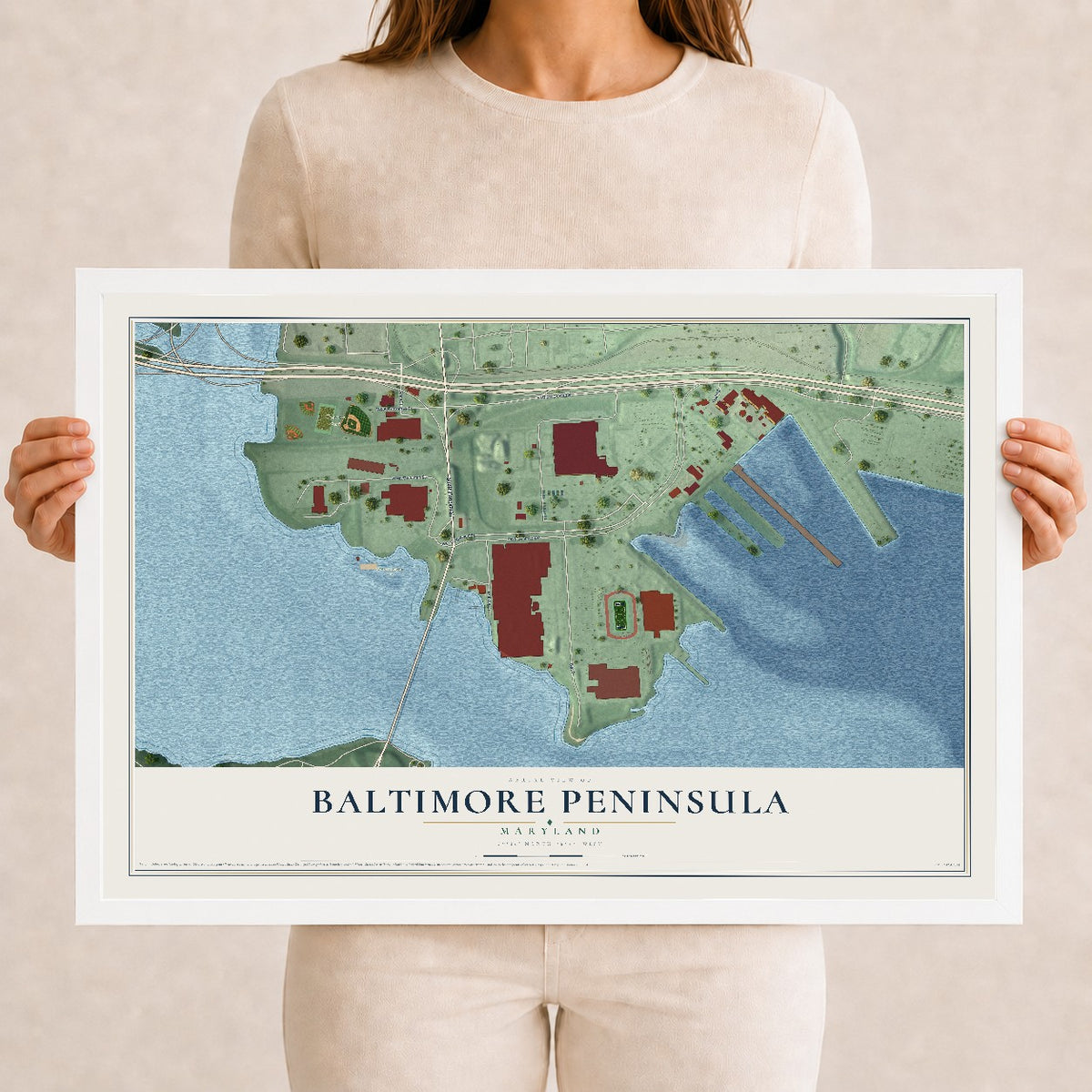 Map of Baltimore Peninsula, Maryland, 12 x 18 inch print in a white wood frame