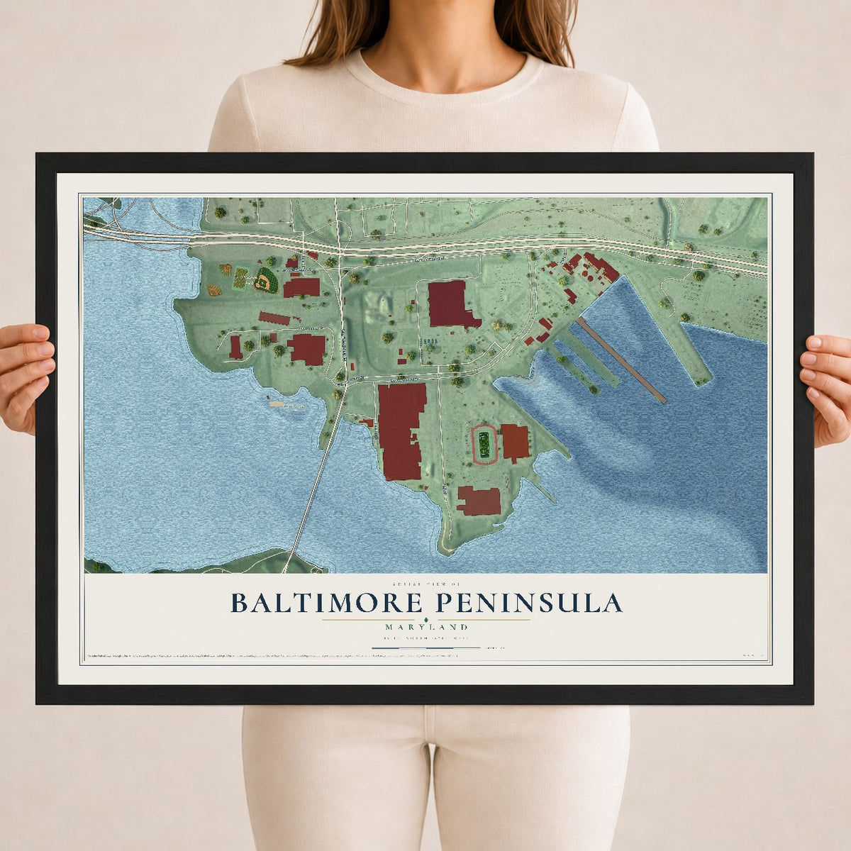 Map of Baltimore Peninsula, Maryland, 18 x 24 inch print in a black wood frame