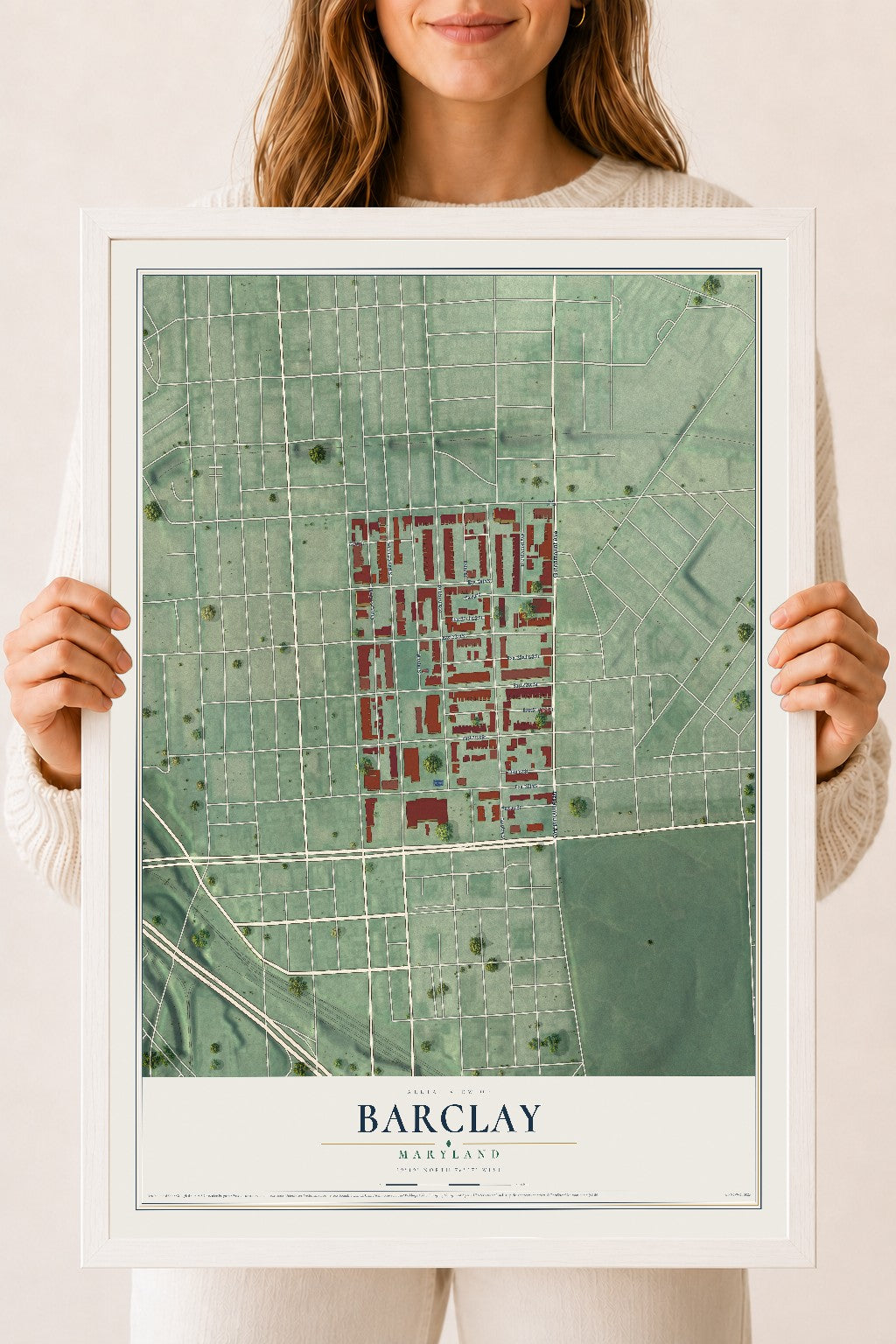 Map of Barclay, Baltimore, Maryland, 18 x 24 inch print in a white wood frame