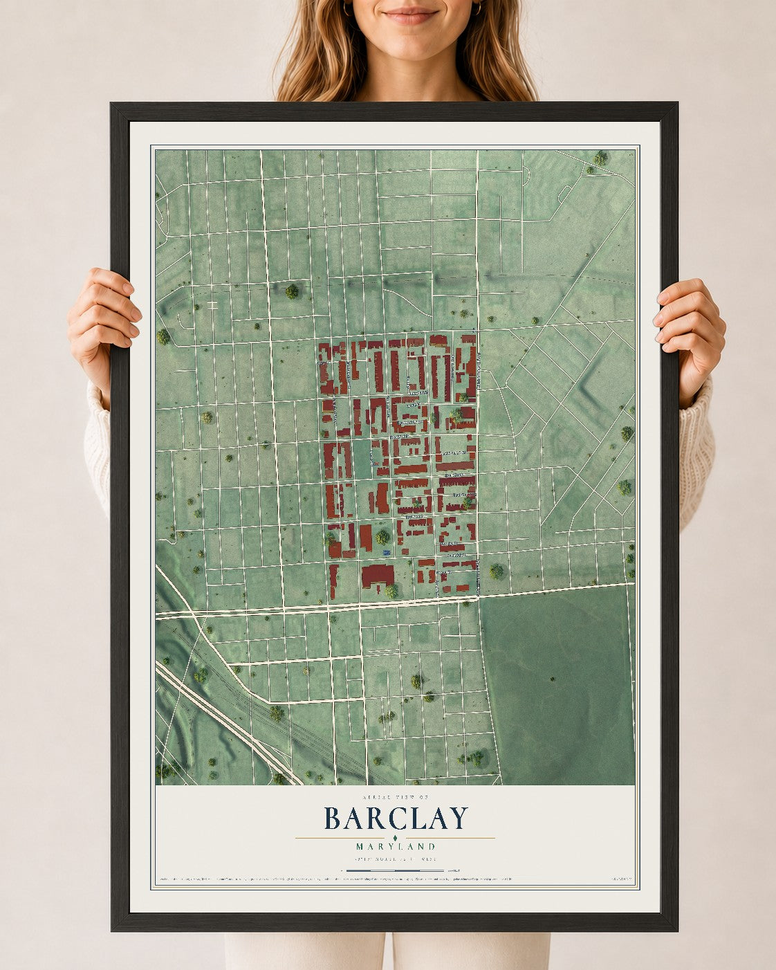 Map of Barclay, Baltimore, Maryland, 24 x 36 inch print in a black wood frame