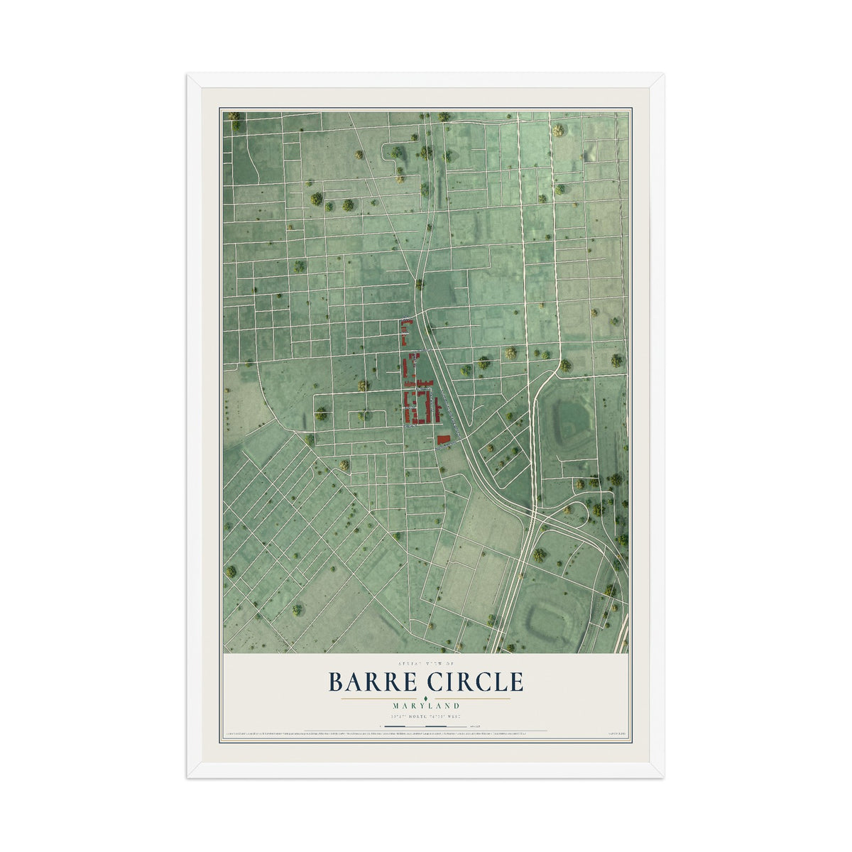 Map of Barre Circle, Maryland, 12 x 18 inch print in a white wood frame