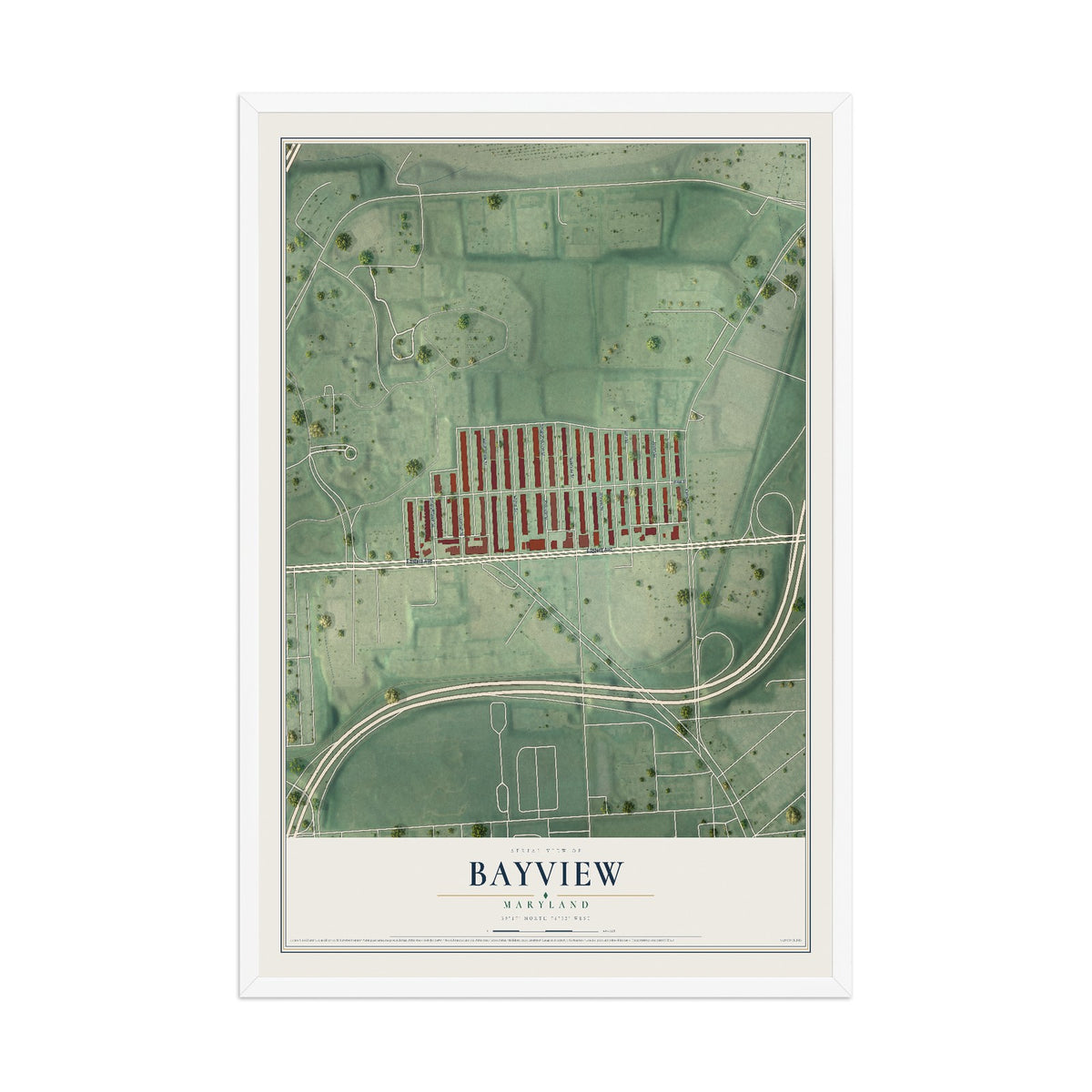Map of Bayview, Maryland, 12 x 18 inch print in a white wood frame