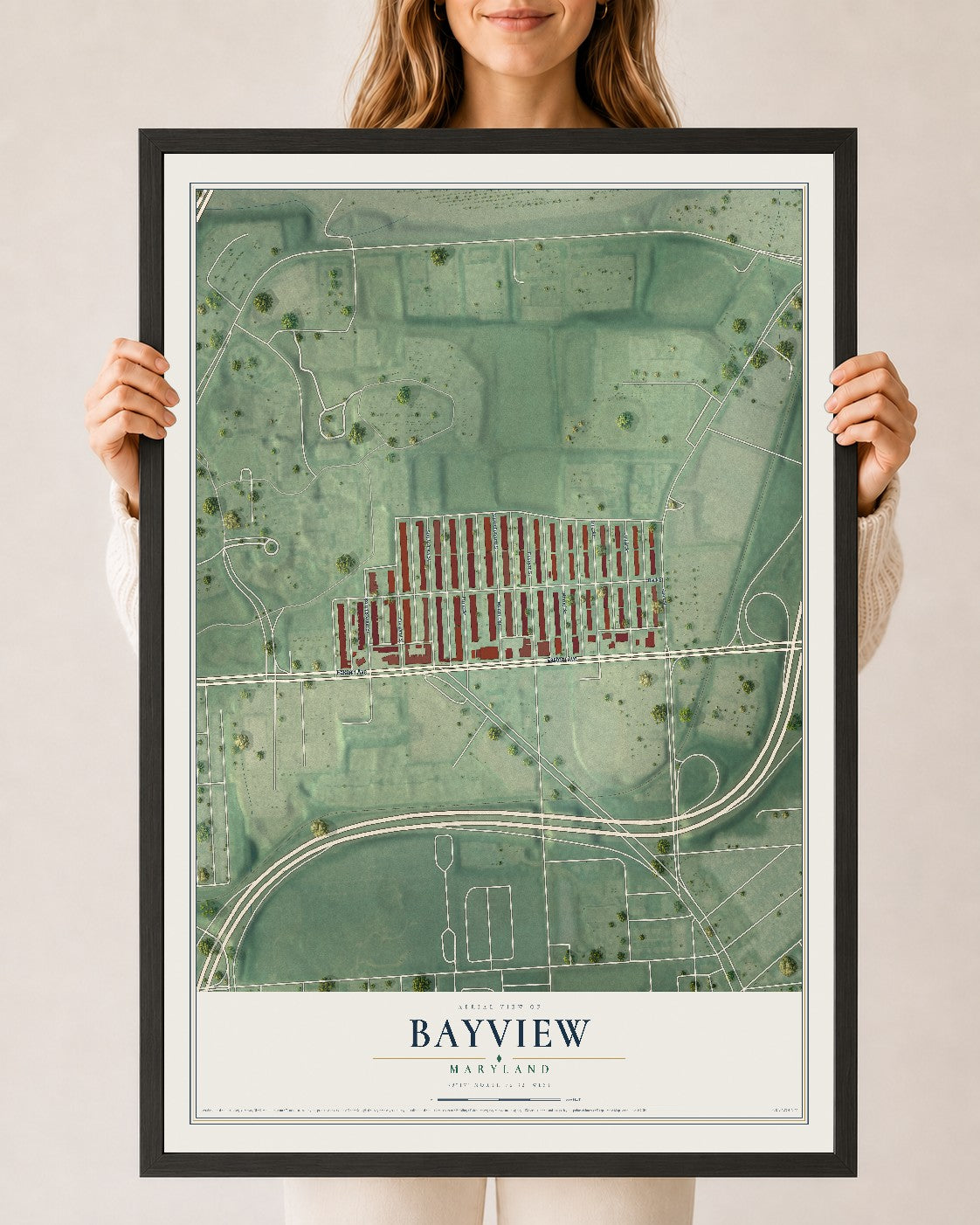 Map of Bayview, Maryland, 24 x 36 inch print in a black wood frame