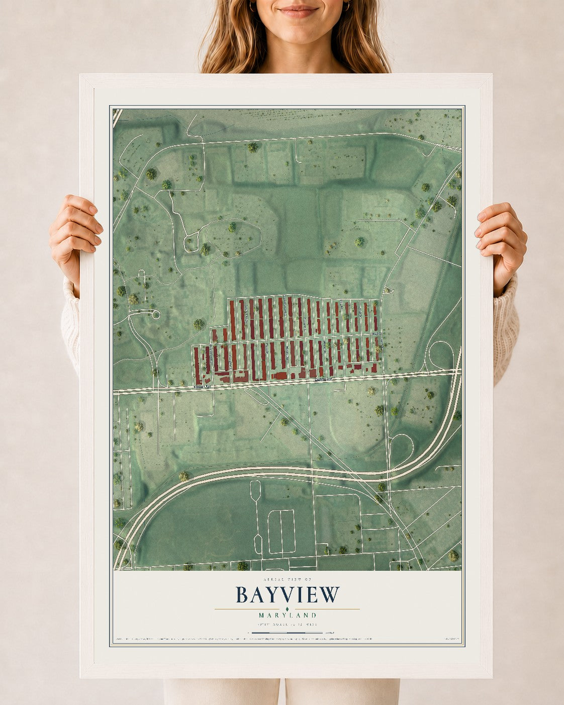 Map of Bayview, Maryland, 24 x 36 inch print in a white wood frame