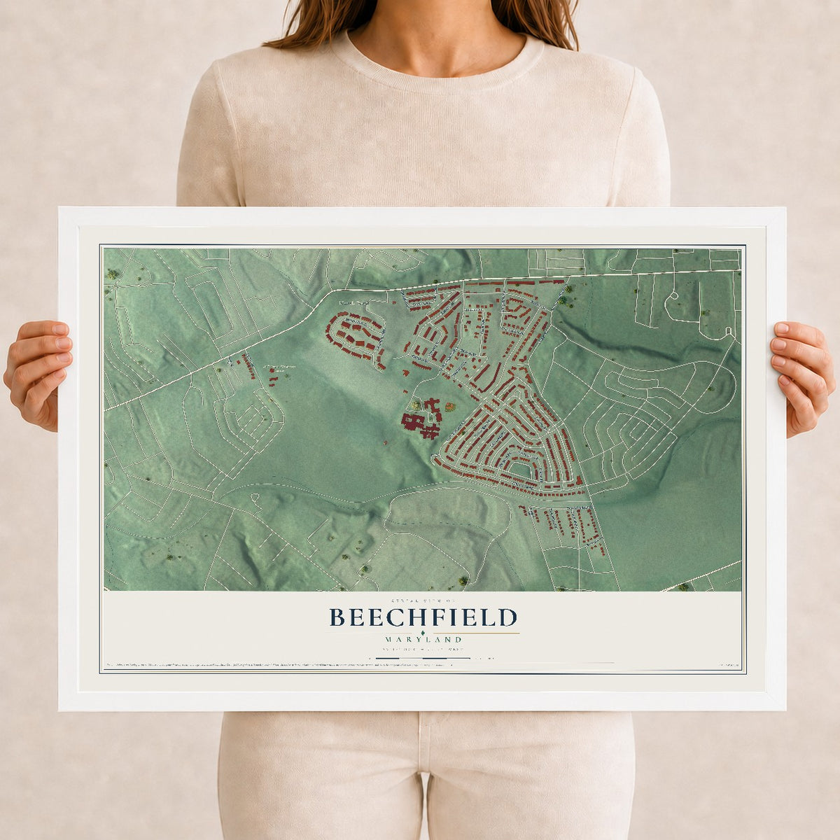 Map of Beechfield, Maryland, 12 x 18 inch print in a white wood frame