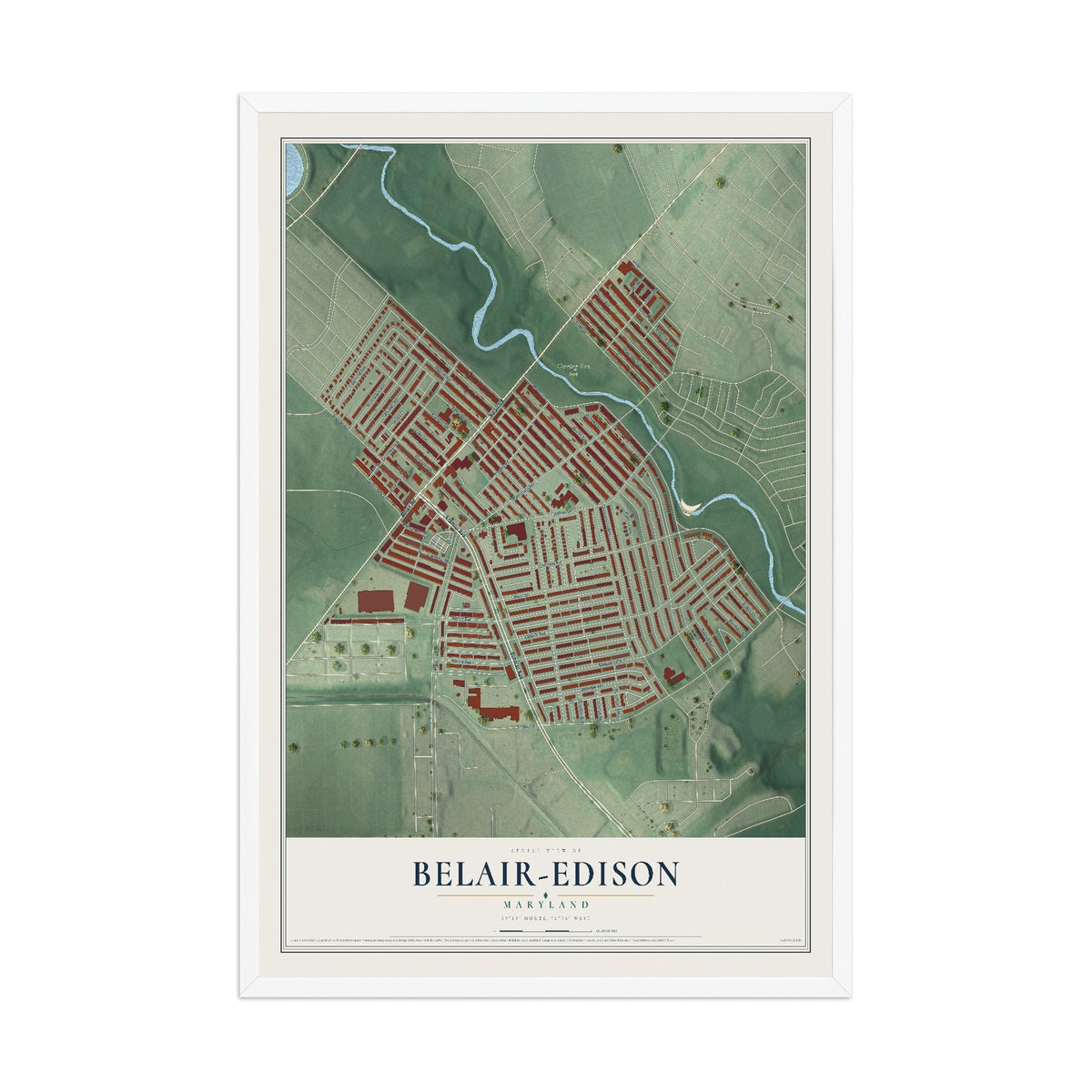 Map of Belair-Edison, Maryland, 12 x 18 inch print in a white wood frame