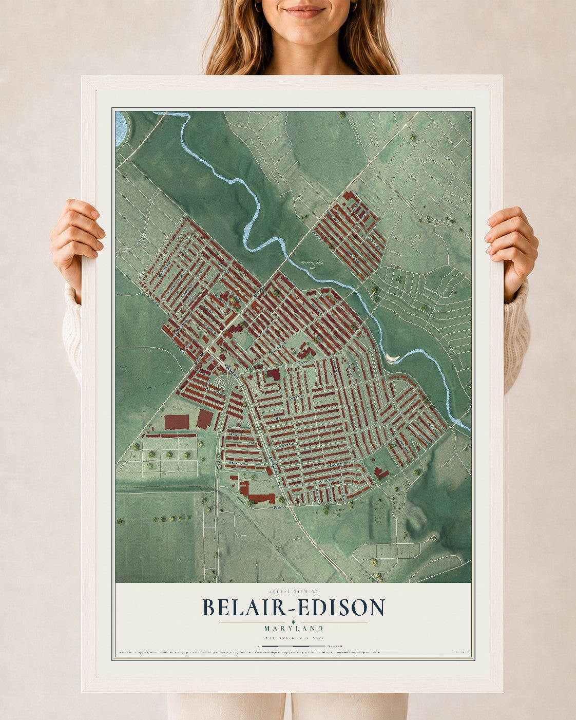 Map of Belair-Edison, Maryland, 24 x 36 inch print in a white wood frame