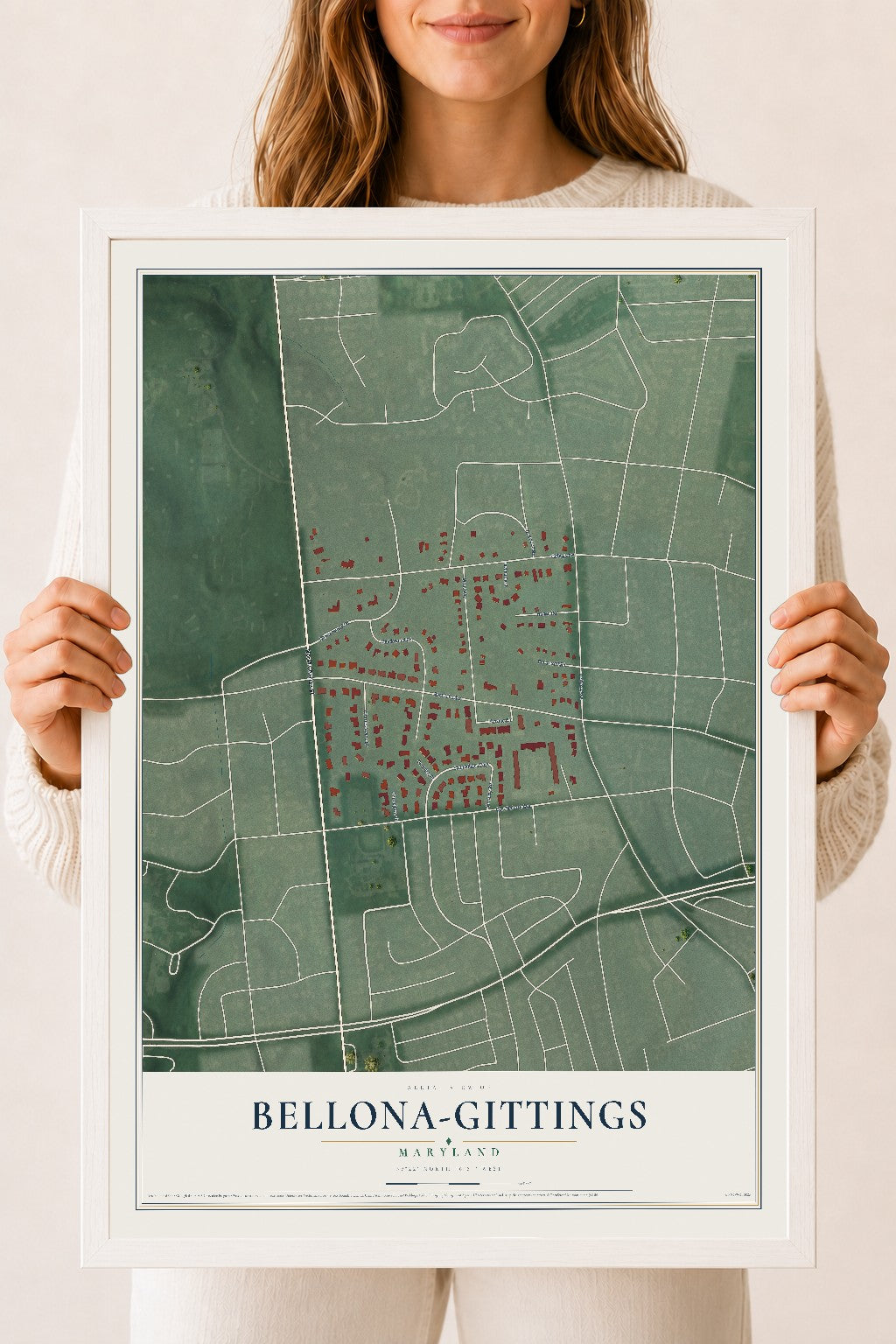 Map of Bellona-Gittings, Maryland, 18 x 24 inch print in a white wood frame