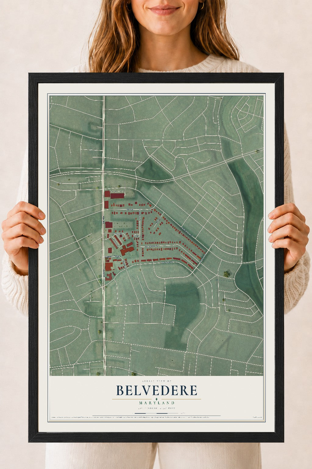 Map of Belvedere, Maryland, 18 x 24 inch print in a black wood frame