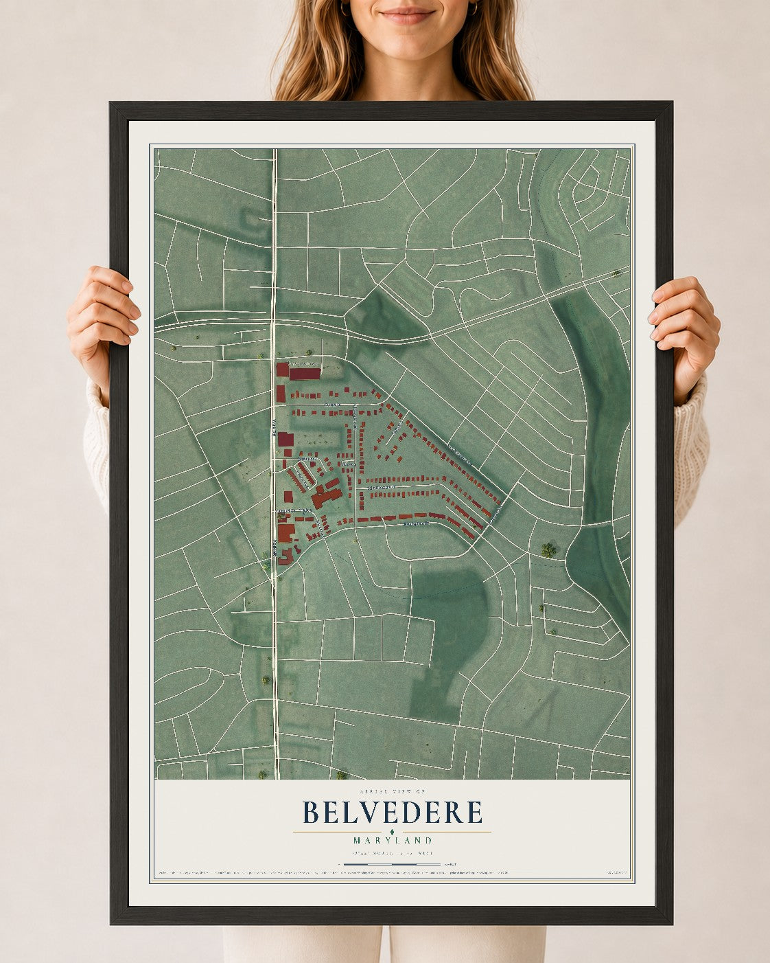 Map of Belvedere, Maryland, 24 x 36 inch print in a black wood frame
